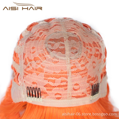 Aisi Hair Wholesale Top Quality Orange Short Bob Wig With Neat Bangs Synthetic Short Curly Wave Wigs For Black Women